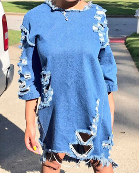 Leisure Round Neck Half Sleeves Blue Denim Mini Dress(With Belt) Leisure Round Neck Half Sleeves Blue Denim Mini Dress(With Belt)