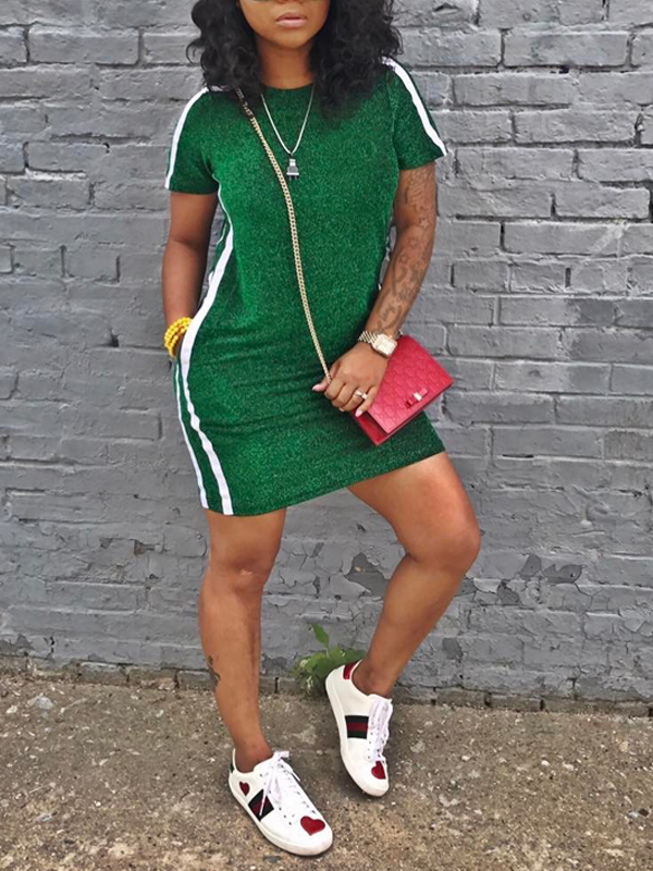 Leisure Round Neck Patchwork Green Polyester Sheath Mini Dress