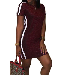 Leisure Round Neck Patchwork Wine Red Polyester Sheath Mini Dress