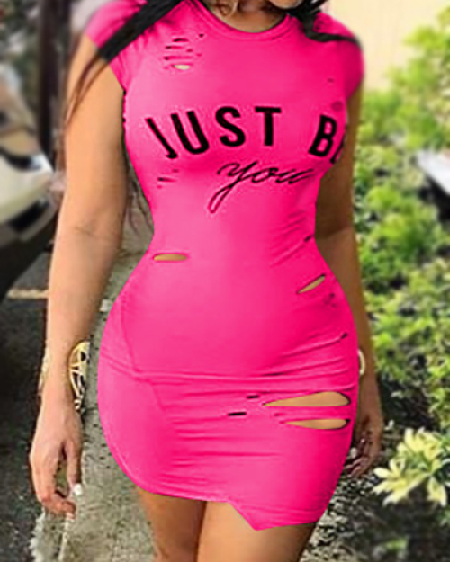 Leisure Round Neck Short Sleeves Broken Holes Rose Red Polyester Mini Dress Leisure Round Neck Short Sleeves Broken Holes Rose Red Polyester Mini Dress