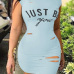 Leisure Round Neck Short Sleeves Broken Holes Skyblue Polyester Mini Dress Leisure Round Neck Short Sleeves Broken Holes Skyblue Polyester Mini Dress