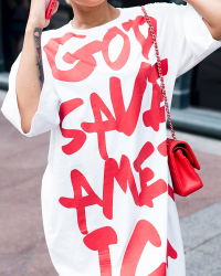 Leisure Round Neck Short Sleeves Letters Printing White Polyester Knee Length Dress