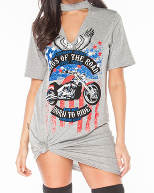 Leisure Round Neck Short Sleeves Printed Gray Cotton Blend Mini Dress Leisure Round Neck Short Sleeves Printed Gray Cotton Blend Mini Dress