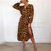 Leopard Dress 2019 Women Chiffon Long Beach Dress Loose Long Sleeve Deep V-neck A-line Sexy Party Dress Vestidos de fiesta