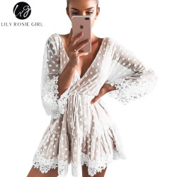 Lily Rosie Girl White Lace Dot Women Mini Dresses Summer Sexy V Neck Party Beach Mesh Dress Backless Flare Sleeve Vestidos