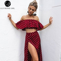 Lily Rosie Girl Women Off Shoulder Red Vintage Dot Long Dress Summer Maxi Dress Chiffon Ruffle Sexy Beach Dresses Vestidos