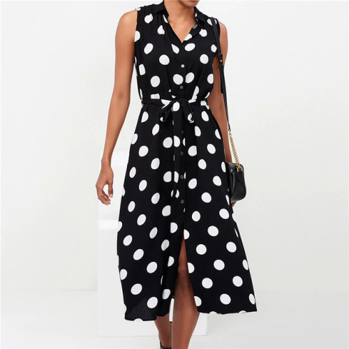 Long Dress Women Sexy Summer Polka Dot Beach Chiffon Dresses Boho Style Casual Party Turn Down Collar Office Shirt Dress Vestido