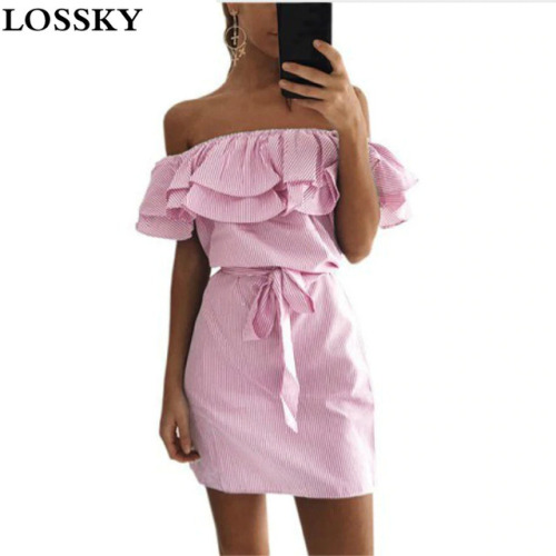 Lossky Women Dresses Striped Summer Dress Ruffle Collar 2018 Bandage Sundress Casual Sexy Bodycon Summer Dress Vestido De Festa