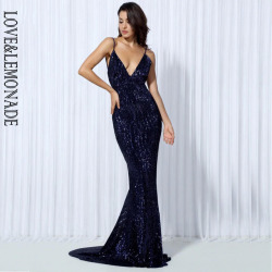 Love&Lemonade .  Elastic Sequin V Collar Exposed Back Long Dress NAVY/SILVER/PINK/BLACK/RED/Champagne LM80119