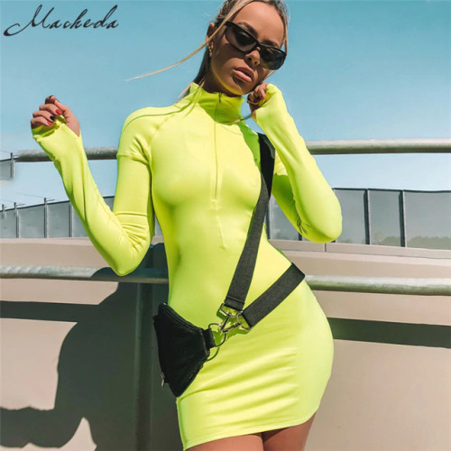 Macheda 2018 New Autumn Fashion Women Casual Long Sleeve Half Open Zip Collar Straight Solid Color Dress Tight Sexy Mini Dress