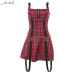 Macheda 2018 New Women Plaid Red Mini Dress Strap Sleeveless zipper Simple A-Line Dress Summer Dress Fashion Party Vestidos