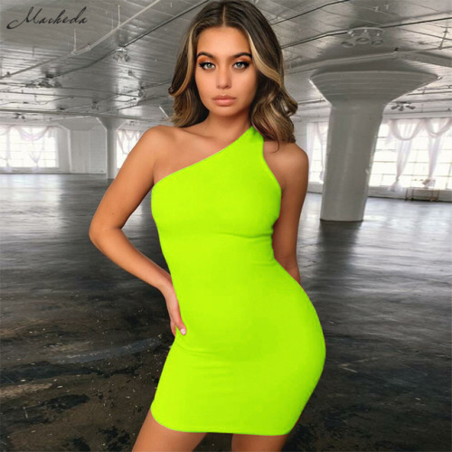 Macheda Fashion Women One Shoulder Basic Dresses Sleeveless Slim Solid Bodycon Dress Summer Casual Mini Dress 2019 New