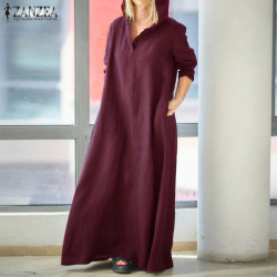 Maxi Dress Women Long Sleeve Hooded Cotton Linen Dress ZANZEA 2019 Autumn Kaftan Female Vintage Casual Tunic Vestido Oversized