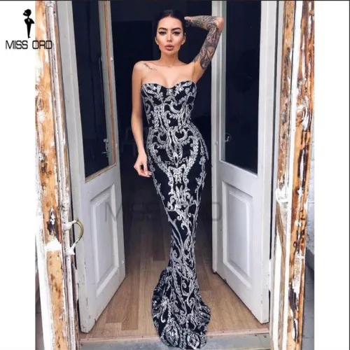 Missord 2017 Sexy New Bra Off Shoulder Retro Geometry Sequin Female Reflective Dress Floor Length Party Elegant  Dress FT8888