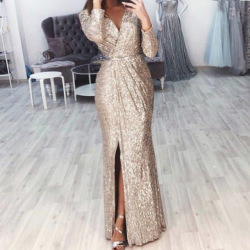 Missord 2019 Sexy V Neck Long Sleeve Glitter High Split Dresses Female Elegant Party Clubwear Maxi Elegant Dress VestdiosFT18776