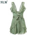 NLW Deep V Neck Yellow Sexy Dress Ruffle Bow Women Dress Green Solid Casual Bohemian Beach Dress Vestidos