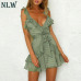 NLW Deep V Neck Yellow Sexy Dress Ruffle Bow Women Dress Green Solid Casual Bohemian Beach Dress Vestidos