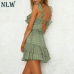 NLW Deep V Neck Yellow Sexy Dress Ruffle Bow Women Dress Green Solid Casual Bohemian Beach Dress Vestidos