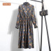 New 2019 High Elastic Waist Corduroy Vintage Dress A-line Women Full Sleeve Flower Plaid Print Dresses Slim Feminino CRRIFLZ