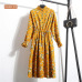 New 2019 High Elastic Waist Corduroy Vintage Dress A-line Women Full Sleeve Flower Plaid Print Dresses Slim Feminino CRRIFLZ