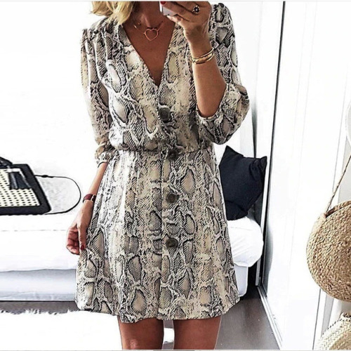 New High Street  Women A-line Dresses Snakeskin Printed Half Sleeve Button Dress