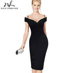 Nice-forever New Sexy Elegant Solid Stylish Casual Work Strap Slash Neck Bodycon Knee Midi Women Formal Pencil Dress B309