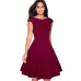 Nice-forever Vintage Brief Solid Color Elegant O-Neck vestidos Cap Sleeve A-Line Pinup Business Women Flare Swing Dress A067