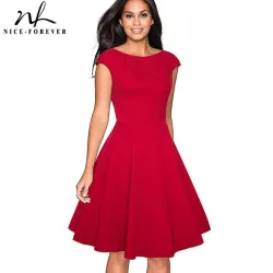 Nice-forever Vintage Brief Solid Color Elegant O-Neck vestidos Cap Sleeve A-Line Pinup Business Women Flare Swing Dress A067