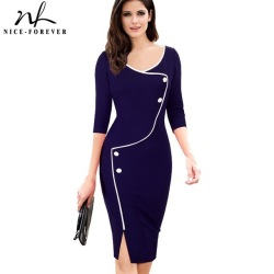 Nice-forever Vintage Brief Split Bottom Elegant Casual Work 3/4 Sleeve Deep O-Neck Bodycon Knee Women Office Pencil Dress B329