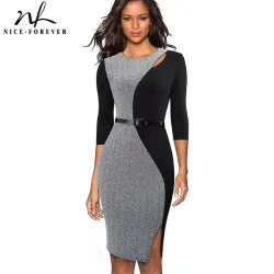 Nice-forever Vintage Contrast Color Patchwork Wear to Work vestidos O Neck Party Bodycon Office Business Women Dress B478
