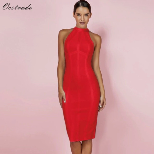 Ocstrade Red Christmas Bandage Dress Bodycon New Year Dresses for Women 2019 Sexy Striped High Quality Midi Bandage Dress Party