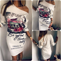 Off Shoulder Sexy Dress Women Print Dress Long Sleeve 2019 Spring Summer Casual Cartoon Dresses Women O-Neck Mini Short Dress