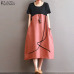 Plus Size ZANZEA Women Casual Summer O Neck Short Sleeve Pockets Party Baggy Midi Dress Loose Splice Linen Beach Shirt Vestido