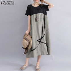 Plus Size ZANZEA Women Casual Summer O Neck Short Sleeve Pockets Party Baggy Midi Dress Loose Splice Linen Beach Shirt Vestido