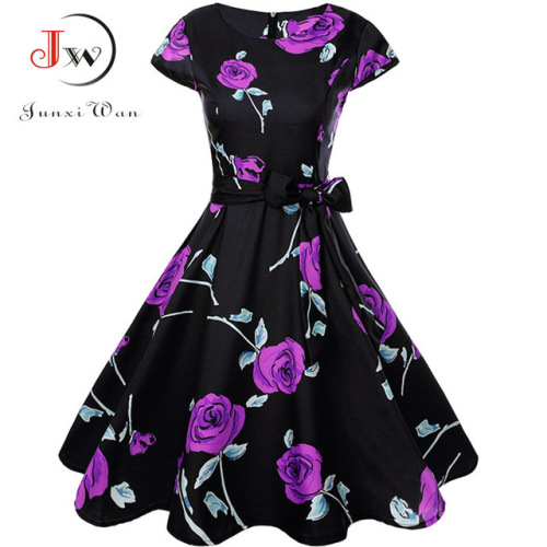 Print Summer Dress Women  Floral Cap Sleeve Vintage Dress With Belt Elegant Robe Rockabilly Party Dresses Sundress Plus Size