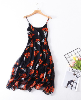 Printed silk halter dress summer high - end women's temperament silk silk train train full head MIDI skirt #95063