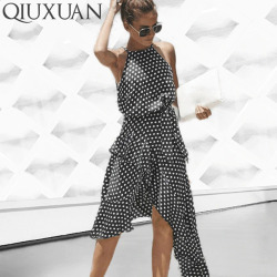 QIUXUAN Plus Size Polka Dot Summer Sleeveless Dress Fashion Ruffles Trim Asymmetric Hem Knee Length Dress Casual Halter Dress