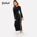 ROMWE Contrast Letter Tape Side Dress 2019 Women Spring Autumn Casual Bodycon Ankle-Length Round Neck Long Sleeve Dress