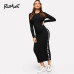 ROMWE Contrast Letter Tape Side Dress 2019 Women Spring Autumn Casual Bodycon Ankle-Length Round Neck Long Sleeve Dress