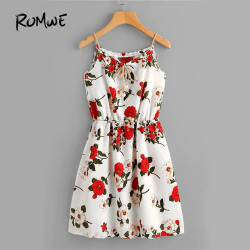 ROMWE Cute Floral Summer Dress Women Random Self Tie Casual Slip Midi Dress 2019 New Faux Pearls Elegant Knot Front A Line Dress