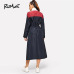 ROMWE Waist Drawstring Zip Color Block Dress 2019 Fashion Stand Collar H Cool Spring Autumn Casual Long Sleeve Women Dress