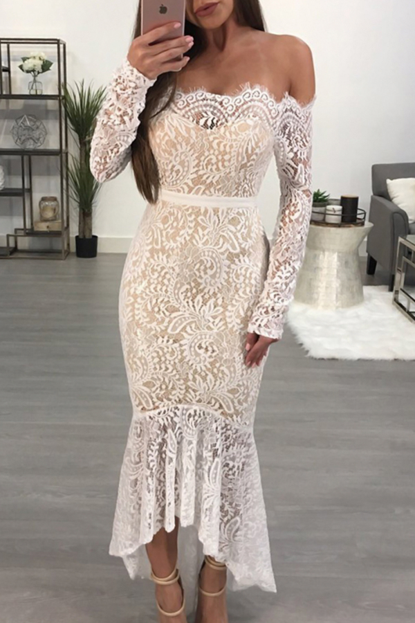 Retro Bateau Neck See-Through White Lace Ankle Length Dress(With Lining)