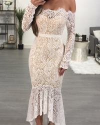 Retro Bateau Neck See-Through White Lace Ankle Length Dress(With Lining)