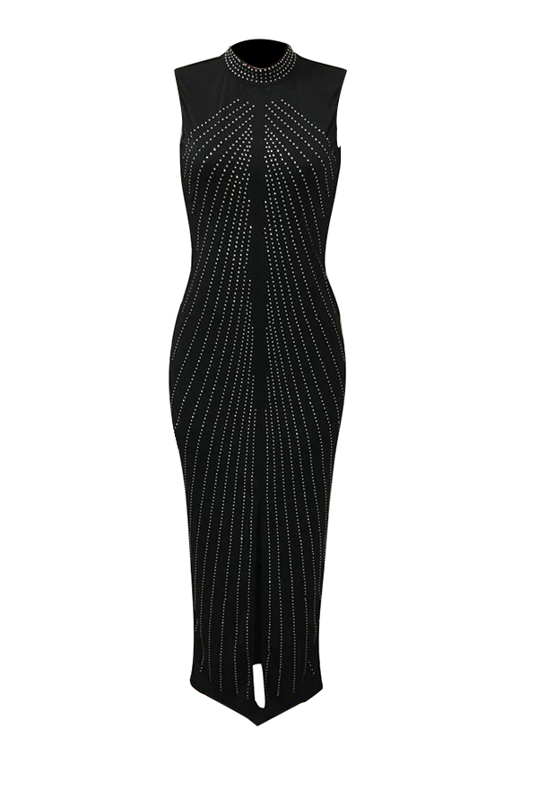 Retro Mandarin Collar Hot Drilling Decorative Black Polyester Ankle Length Dress