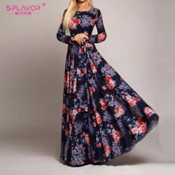 S.FLAVOR 2019 Elegant Women Robe Long Sleeve Printed Dress Fashion Spring Summer Sexy Boho Dress Slim Long Party Dress Vestidos