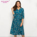 S.FLAVOR 2019 Spring Summer Casual Dress Women V Neck 3/4 Sleeve A Line Mid-Calf Print Dress Female Elegant Waist Party Vestidos