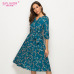 S.FLAVOR 2019 Spring Summer Casual Dress Women V Neck 3/4 Sleeve A Line Mid-Calf Print Dress Female Elegant Waist Party Vestidos