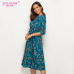 S.FLAVOR 2019 Spring Summer Casual Dress Women V Neck 3/4 Sleeve A Line Mid-Calf Print Dress Female Elegant Waist Party Vestidos