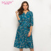 S.FLAVOR 2019 Spring Summer Casual Dress Women V Neck 3/4 Sleeve A Line Mid-Calf Print Dress Female Elegant Waist Party Vestidos