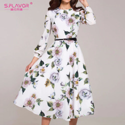 S.FLAVOR 2019 Women Casual Dress Wrist Sleeve Spring Summer Print Party Vestidos Ladies Elegant Vintage A Line Dresses No Belt